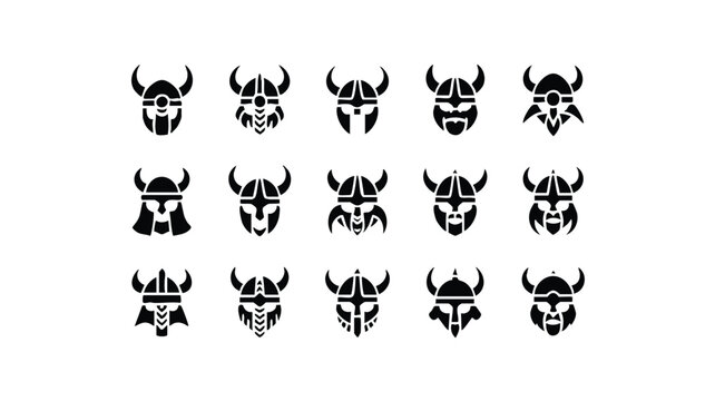 Collection of 12 unique black viking helmet logos and icons on white background