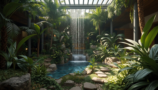 Waterfall cascades into a tranquil stone pond inside a lush indoor greenhouse filled with tropical plants.
