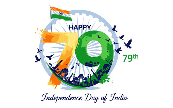 Independence Day Creative 79th Independence Day of India typography design with Ashoka Chakra and iconic Indian monuments silhouette vector India