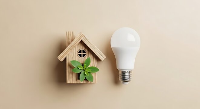 Simple wooden house model with plant next to energy saving light bulb