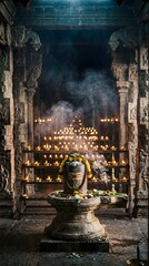 Obraz premium Sacred Shiva lingam with incense inside ancient temple hall