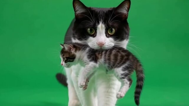 Mother cat carrying her small kitten in her mouth while walking across a green screen
