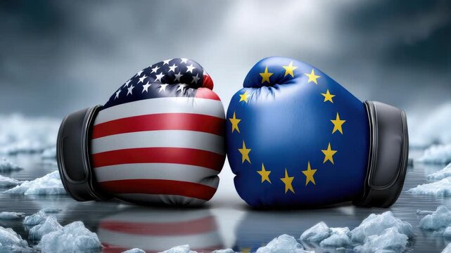 US and EU flag patterned boxing gloves face off, symbolizing political and economic rivalry, trade disputes and complex diplomatic tensions between the two powers
