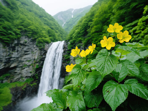 Waterfall hidden in dense foliage, green valley and yellow flower