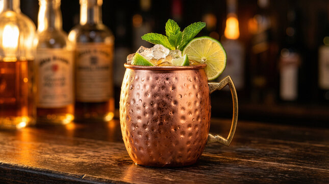 Classic Moscow Mule cocktail in copper mug with lime and mint