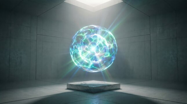 Glowing blue and green orb on a white marble pedestal in a dark gray room with a beam of light.