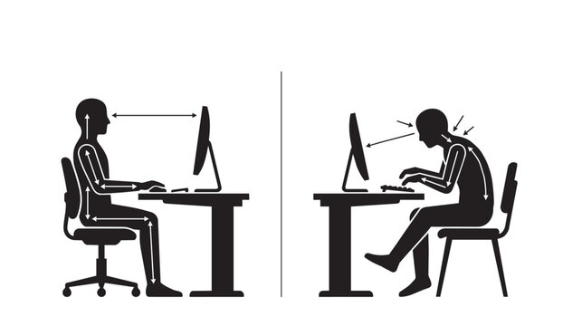 Vector illustration comparing correct ergonomic sitting posture at a computer desk with poor hunched posture causing back pain.
