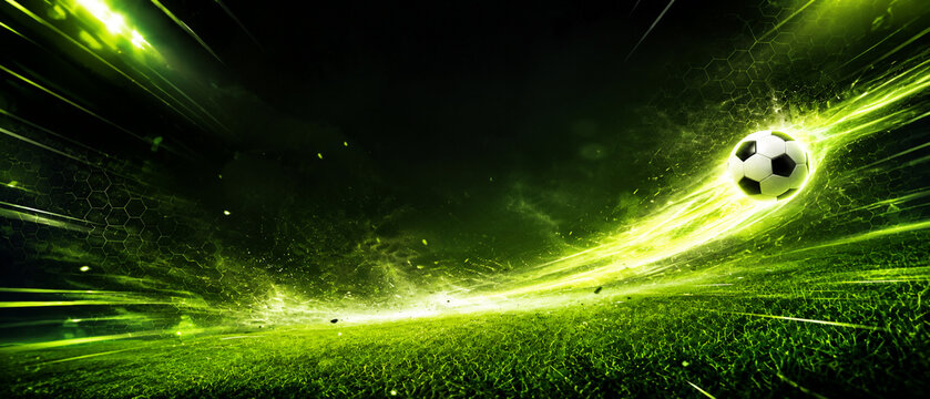 Soccer Ball with Neon Green Energy Trail on Futuristic Grass Field