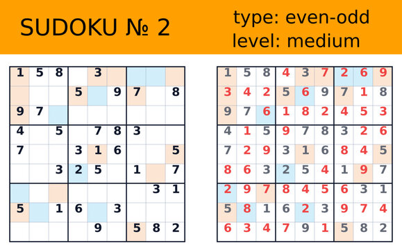Even odd medium sudoku worksheet number two with colored clue cells puzzle grid solution panel orange header black layout for printable logic challenge educational numeracy activity resource