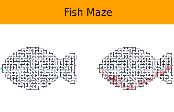Fish maze worksheet with unsolved labyrinth solved path panel orange header black layout for printable kids activity animal puzzle classroom game visual reasoning challenge educational resource