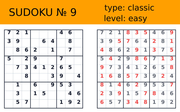 Classic easy sudoku worksheet number nine with puzzle grid solution panel orange header black layout for printable brain training logic challenge educational numeracy activity resource