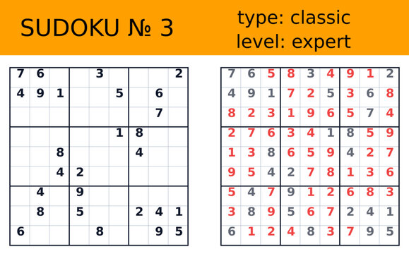 Classic expert sudoku worksheet number three with puzzle grid solution panel orange header black layout for printable brain training logic challenge educational numeracy activity resource