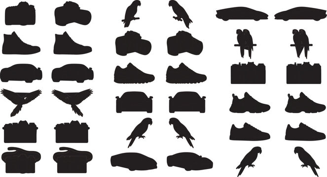 Large black silhouette vector icon collection featuring lifestyle objects retro photo cameras fashion sneakers athletic running shoes sports cars and tropical parrot birds,