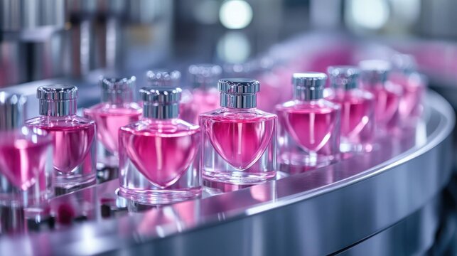 Pink heart-shaped perfume bottles on production conveyor