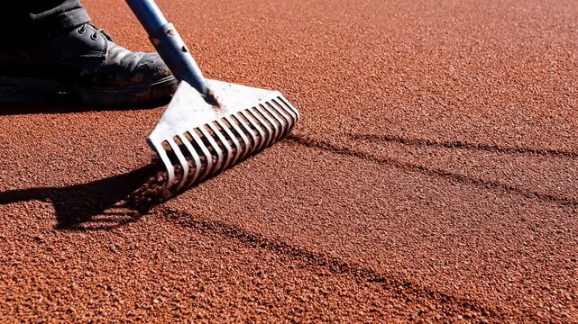 Person rakes surface creating lines overhead shot construction concept