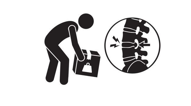 Silhouette vector icon of a person lifting a heavy box incorrectly, causing spinal disc herniation and lower back pain injuries.