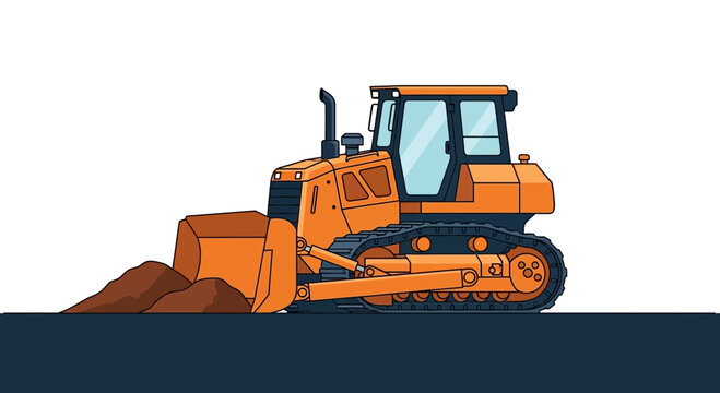 Orange Bulldozer Illustration Moving Soil, Industrial Equipment, Isolated on White Background