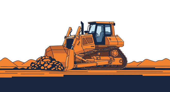 Orange Bulldozer Digging Soil at Construction Site, Industrial Vehicle Illustration