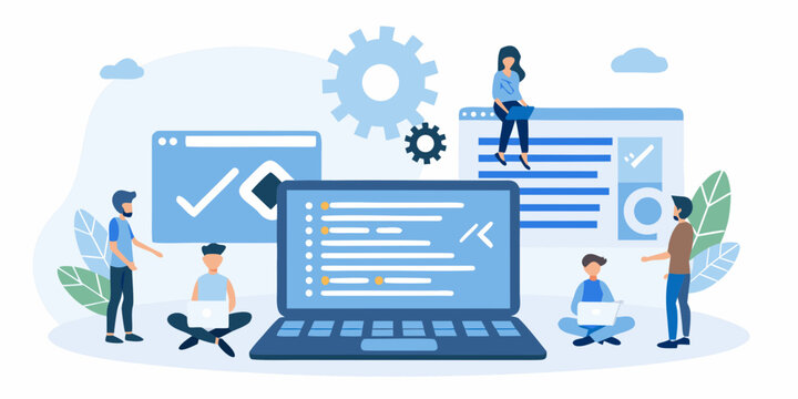 teamwork illustration with laptop and coding interface flat design