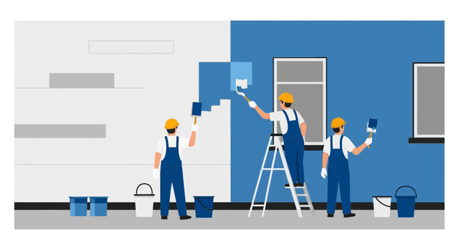 Painters Transforming a Surface: Construction, Renovation and Finishing Process Vector Illustration