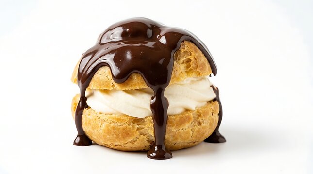 Chocolate-covered profiterole filled with whipped cream on white background
