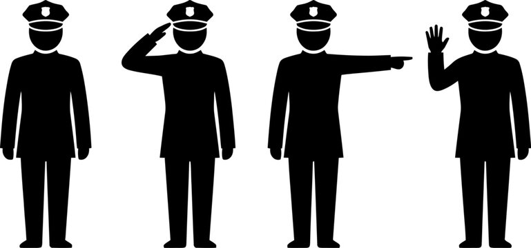 Police officer uniform and poses icons with civil servant, standing
