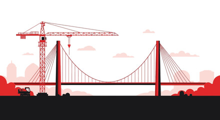 Obraz premium Suspension Bridge Under Construction with Crane and City Skyline Vector Illustration