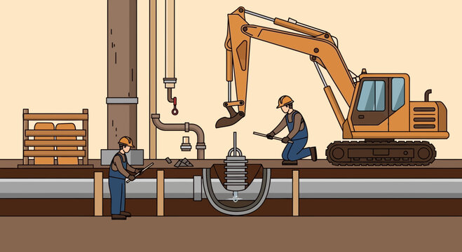 Underground Infrastructure Inspection And Repair Illustration Of A Plumber And Excavator
