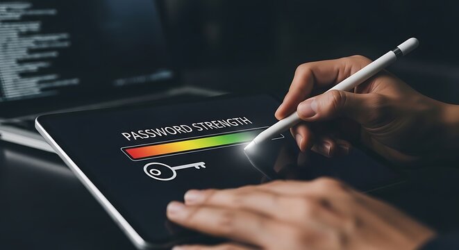 Cybersecurity concept showing a hand using a stylus on a tablet displaying password strength with a key icon