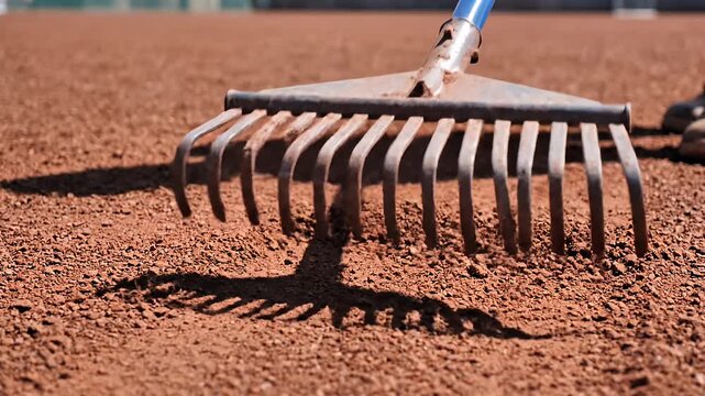 Close up of a rake on textured ground with shadow and copy space