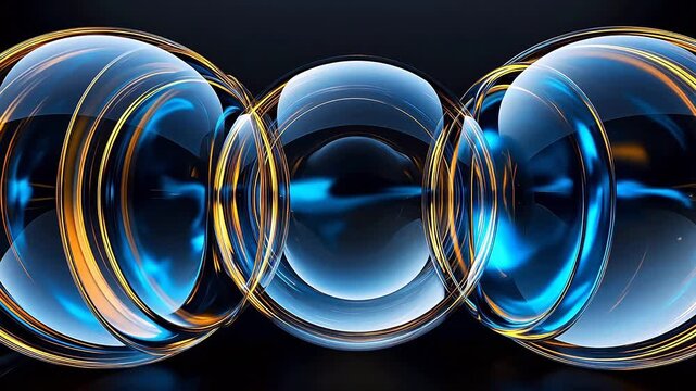 Abstract glass spheres interwoven with blue and golden light reflections