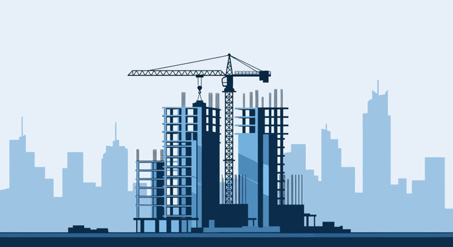 Urban Construction Site Featuring Cranes and Buildings in Progress Blueprint Style