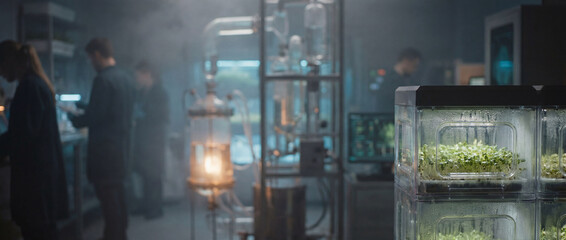 Fototapeta premium Futuristic FoodTech Laboratory with Seedling Chambers and Active Biotech Research