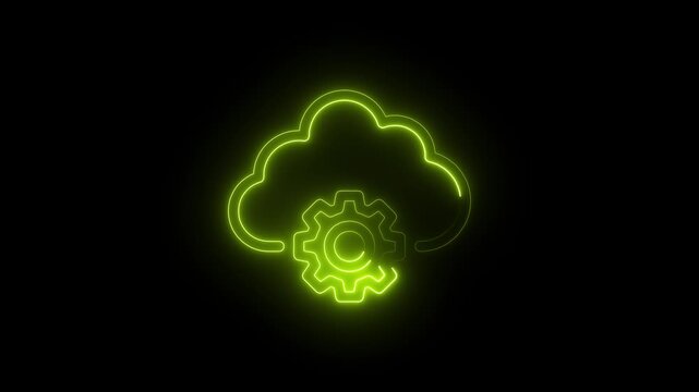 Neon cloud with gear symbol glowing green on black background representing cloud computing and technology infrastructure