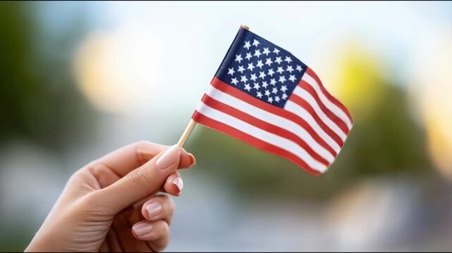 Hand holding a small United States flag, a powerful symbol of American loyalty, liberty, and national identity, representing celebration and remembrance for various patriotic holidays