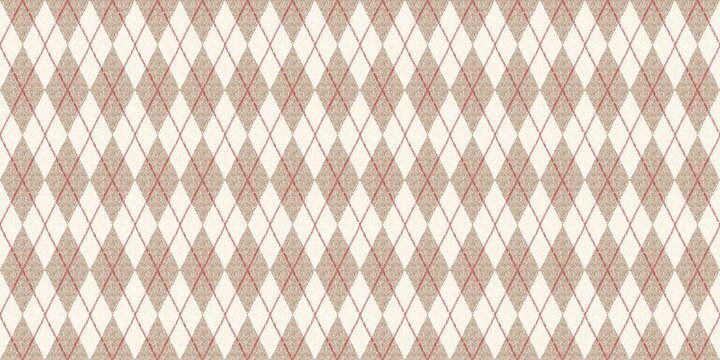 ​Seamless argyle pattern with textured beige diamonds and pink intersecting lines on a cream background. Vintage geometric fabric design.