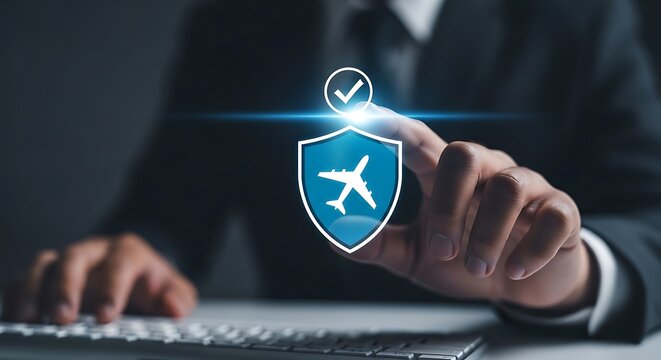 Travel insurance concept businessman interacting with digital shield icon featuring airplane
