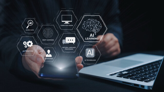AI learning system involves deep learning, supervised machine learning, and natural language processing. AI learning diagram shows how AI advances learn in automation and data processing. Elide