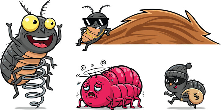 Funny Cartoon Flea and Louse Character Set Featuring Parasite Bug Jumping on Spring, Leaning on Fur, and Thief Running Vector Illustration