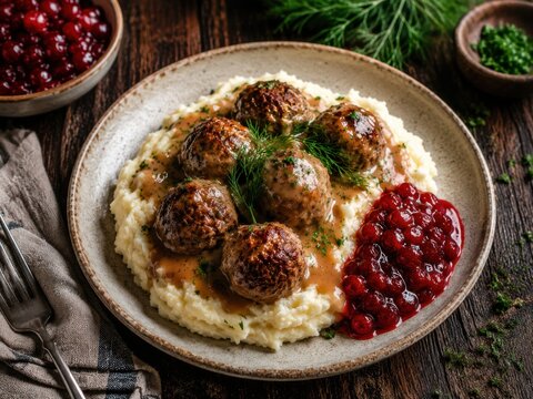K&ouml;ttbullar auf Kartoffelp&uuml;ree mit Preiselbeeren
Nahaufnahme von schwedischen Fleischb&auml;llchen mit cremiger So&szlig;e, Kartoffelp&uuml;ree, Preiselbeeren und Dill in rustikalem Food-Styling.
Keywords: K&ouml;ttbullar,