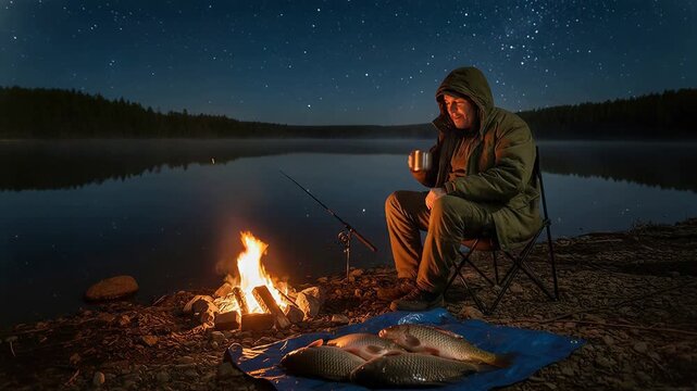 Fisherman sitting by campfire at night near lake. Man drinking hot tea after successful catch. Night camping trip lifestyle with fresh fish on shore under stars.