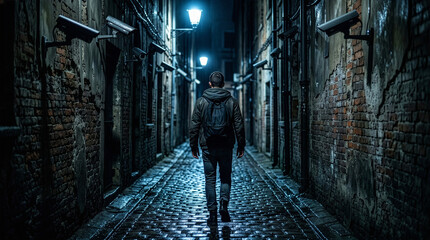Fototapeta premium Man walking alone through dark alley watched by multiple CCTV cameras