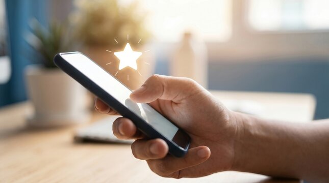 Closeup of a hand holding and interacting with a smartphone, featuring a glowing star icon above the screen, symbolizing customer review, rating, favorite, loyalty program, or positive feedback in a d