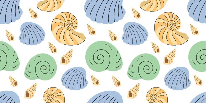 Seamless seashell pattern and ocean inspired summer background, cute marine shell repeat  illustration. Hand drawn coastal elements featuring spiral shells, scallop shells and beach treasures.