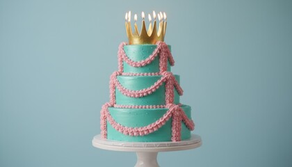 Elegant three-tier birthday cake with gold crown topper, teal tiered cake with pink frosting garlands, royal celebration dessert on blue background