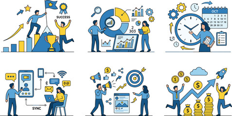Fototapeta premium Business success and productivity illustration collection with teamwork data analysis time management marketing and financial growth creative artwork