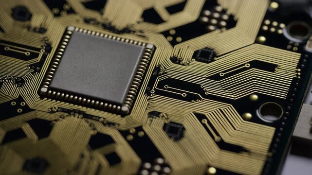 Microchip circuit board macro technology shot with gold traces, pins, and detailed electronic components