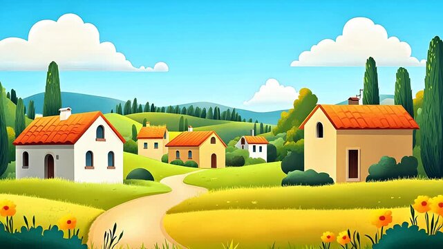 cartoon style green hilly countryside landscape illustration with houses and trees
