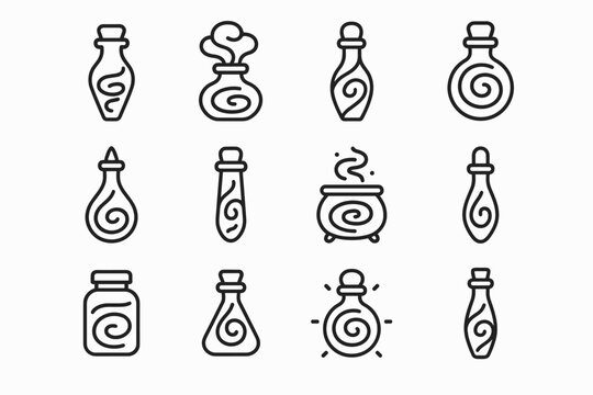 Neon Potion Icons. Magical potions swirling with neon light. Line outline icon set of Magical potions swirling