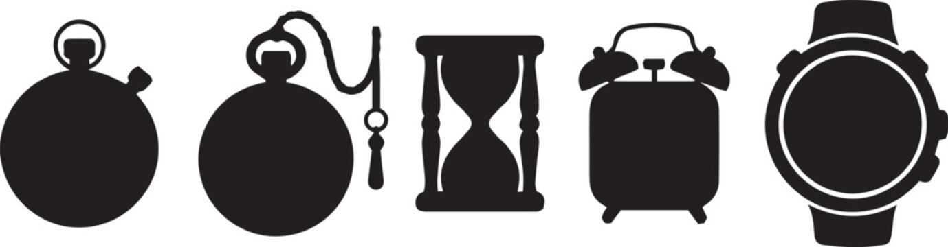 Collection of timekeeping device silhouettes clock watch